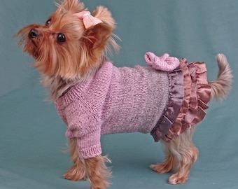 Knitted dog cat dress for walking in cold weather, glamorous stylish Small sweater, Size XS, Pet clothes, Puppy Yorkshire Terrier, coat pet