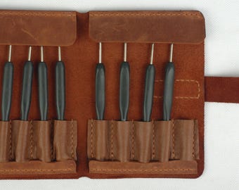 Porta-agulhas de crochê em couro genuíno: diâmetro da agulha de 1,0 a 2,75 mm, ideal para viagens e armazenamento de materiais de tricô.