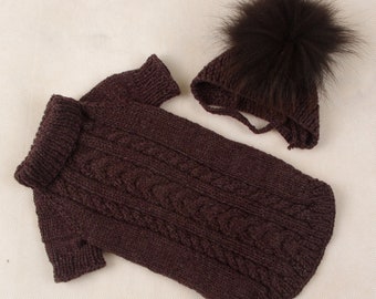 Handmade Wool Dog Sweater with Arctic Fox Fur Hat: Small Pet Outfit