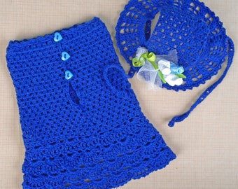 Conjunto de vestido e chapéu de crochê para cachorro: roupinhas de algodão para filhotes, tamanho P, casaco de tricô para animais de estimação