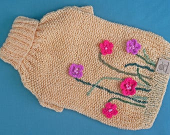 Handmade Wool Dog Sweater: Floral Crochet Outfit, XS-S Size, Knitted Pet Coat