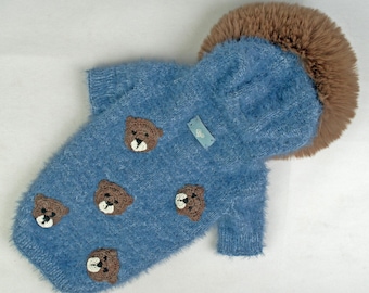 Handmade Crochet Wool Dog Sweater with Hood - Size  XXS, XS, S, M,  Crochet Pet Outfit, Knitted Pet Coat