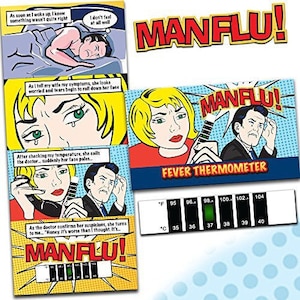 May include: A humorous card set with a pop art style design featuring a man with a fever and the text "MANFLU!" The card set includes a thermometer with a temperature reading of 100.4 degrees Fahrenheit.