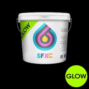 May include: A white plastic bucket with a handle, featuring a lime green corner label with the word GLOW. The centre displays a circular logo in blue, pink, and yellow, with the text SFXC below. A separate lime green circle with GLOW is visible.