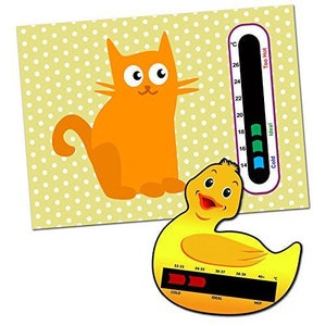 Cat Room Thermometer Card per Baby Nursery & Duck Baby Bath Thermometer Card Pack