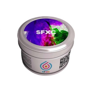 May include: A silver container with a white label featuring a colourful drop logo and the text "SFXC". The lid has a colourful abstract design with the text "SFXC" in white.