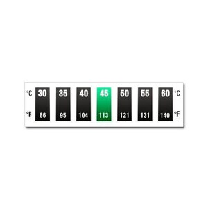 Op de afbeelding: Een witte thermometer met zwarte en groene markeringen. De thermometer toont temperaturen in zowel Celsius als Fahrenheit. De Celsius-schaal loopt van 30 tot 60 graden, en de Fahrenheit-schaal van 86 tot 140 graden.