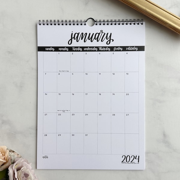 2024 Wall Calendar, 12 Month Calendar, Hand lettered Monthly Calendar