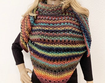 Wool Blend Shawl, Triangle Shawl, Colorful Shawl, Triangle Wrap Shawl Scarf, Hand Knitted Shawl -SKU VIV34610