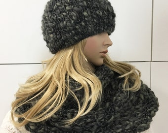 Hat and Double Twist Infinity Scarf Handmade Knit Set, Beanie and Cowl Set -SKU ACG56979-1