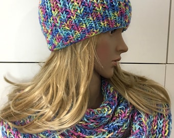 Hat and Double Twist Infinity Scarf Handmade Knit Set, Beanie and Cowl Set -SKU MI56177-1