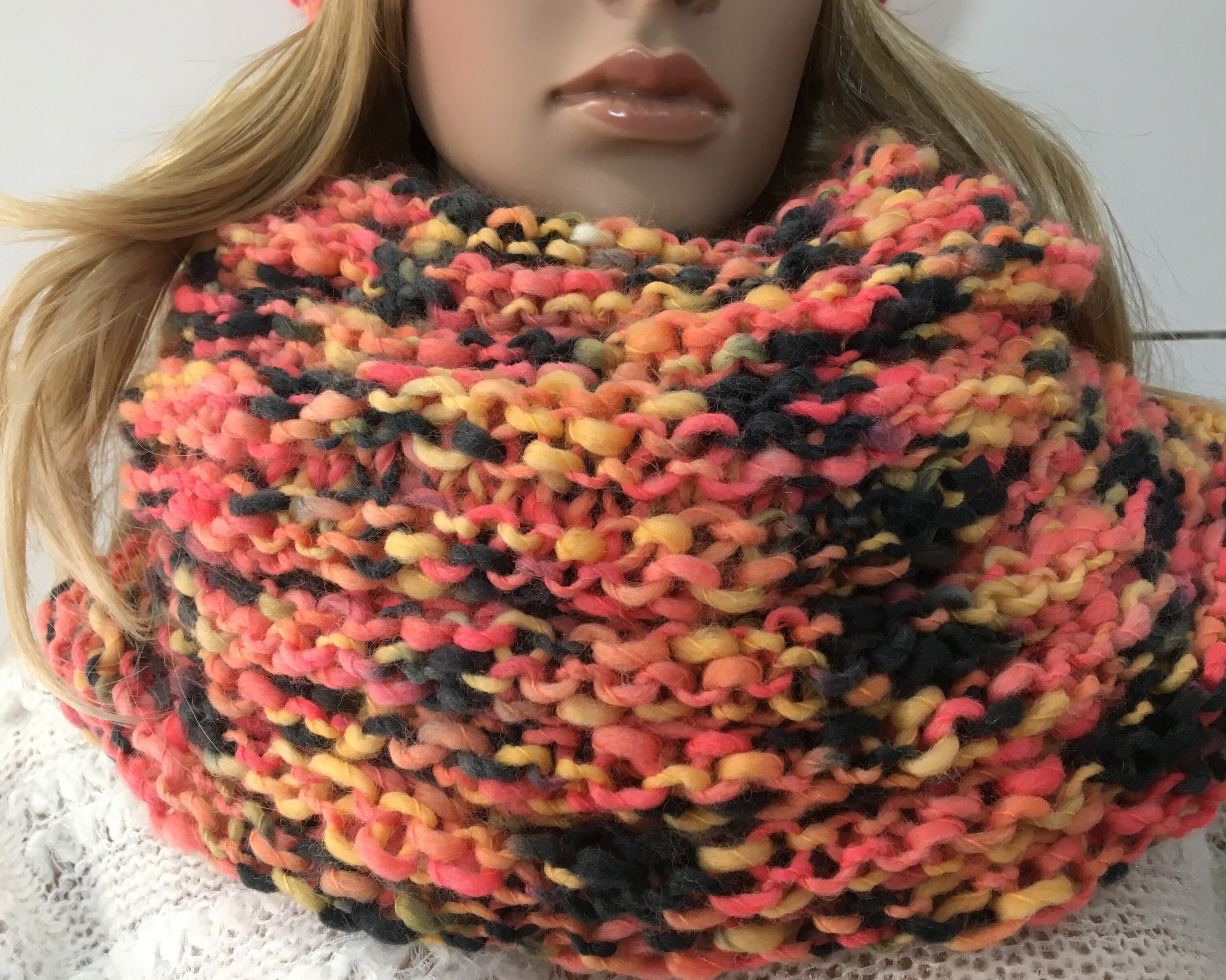 Hand Knit Triple Twist Infinity Scarf and Hat Set, Beanie and Cowl Set ...