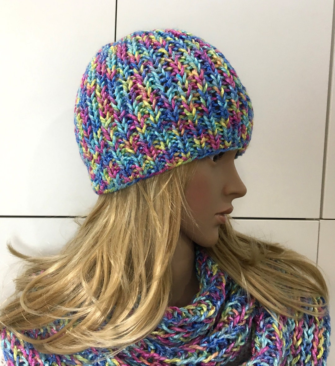 Hat and Double Twist Infinity Scarf Handmade Knit Set, Beanie and Cowl ...