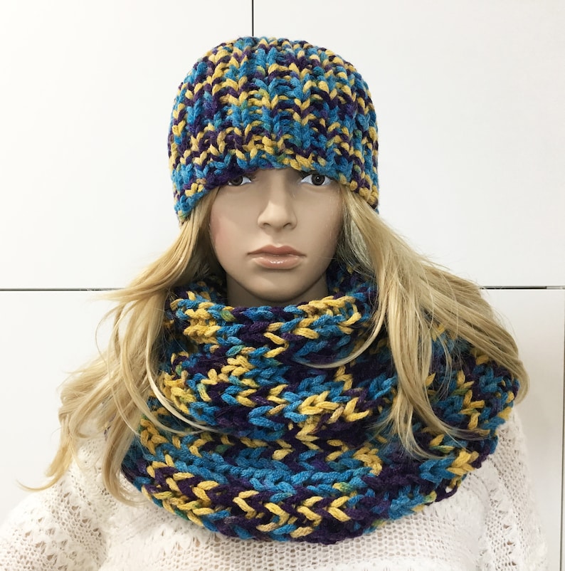 Hat and Double Twist Infinity Scarf Handmade Knit Set, Beanie and Cowl ...
