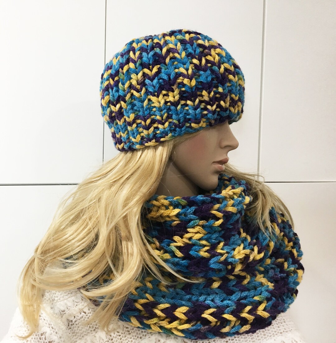 Hat and Double Twist Infinity Scarf Handmade Knit Set, Beanie and Cowl ...