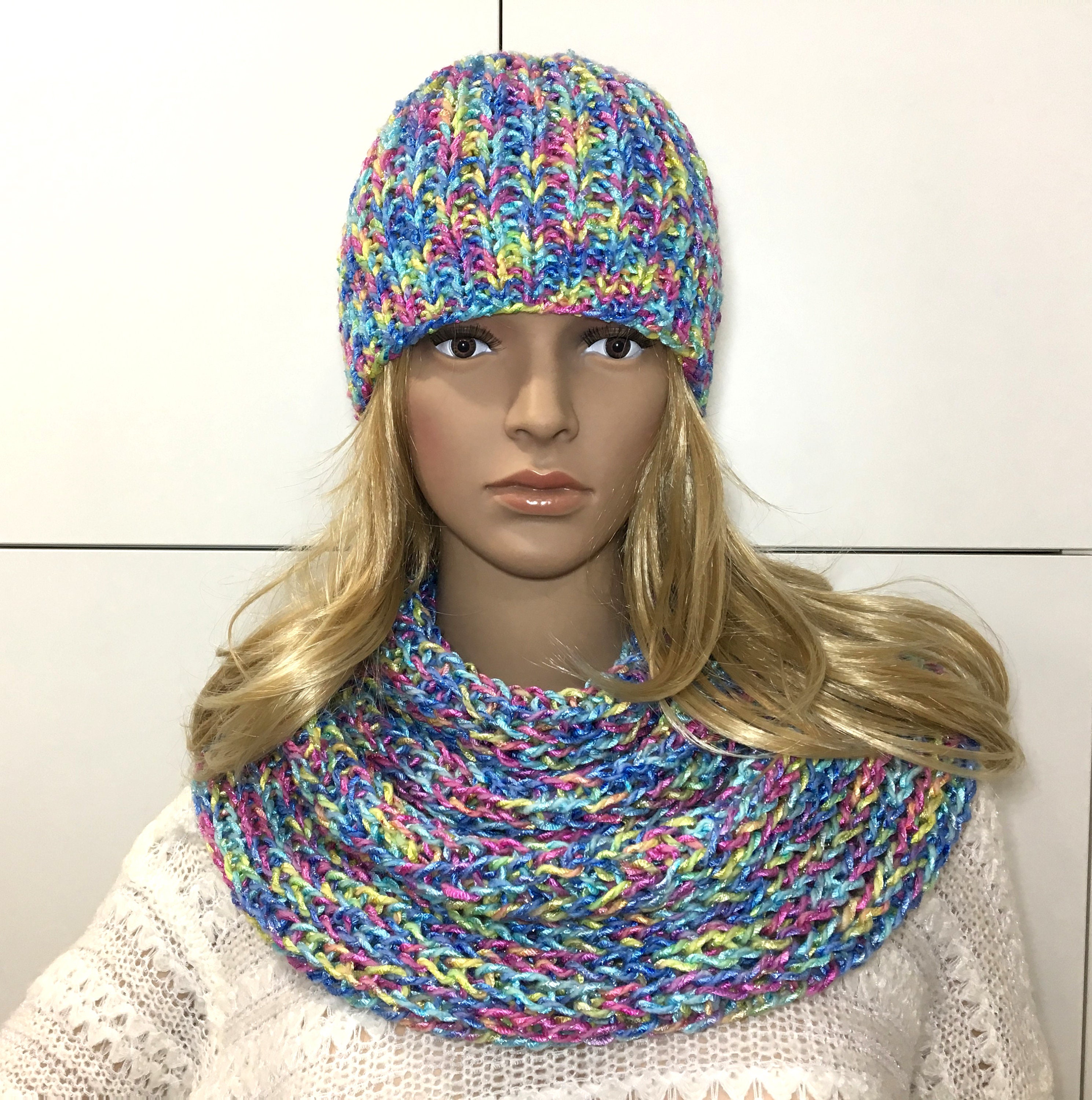 Hat and Double Twist Infinity Scarf Handmade Knit Set, Beanie and Cowl ...
