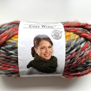 Puede incluir: Un gran ovillo de lana Cozy Wool en una mezcla de colores que incluye rojo, marr&oacute;n, amarillo y gris. La etiqueta muestra a una mujer con una bufanda verde. La lana pesa 180 g y mide 128 m.