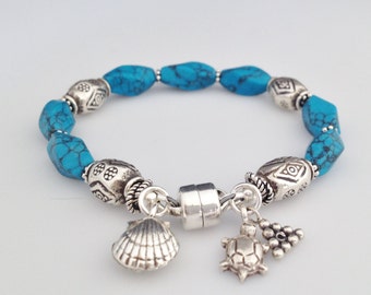 Blue Bracelet, Sterling Silver Bracelet, Blue  Howlite and Sterling Silver Bracelet with Magnetic Clasp, Charms Bracelet