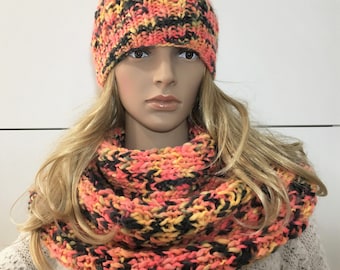 Hat and Double Twist Infinity Scarf Handmade Knit Set, Beanie and Cowl Set -SKU SWYSB57235-2