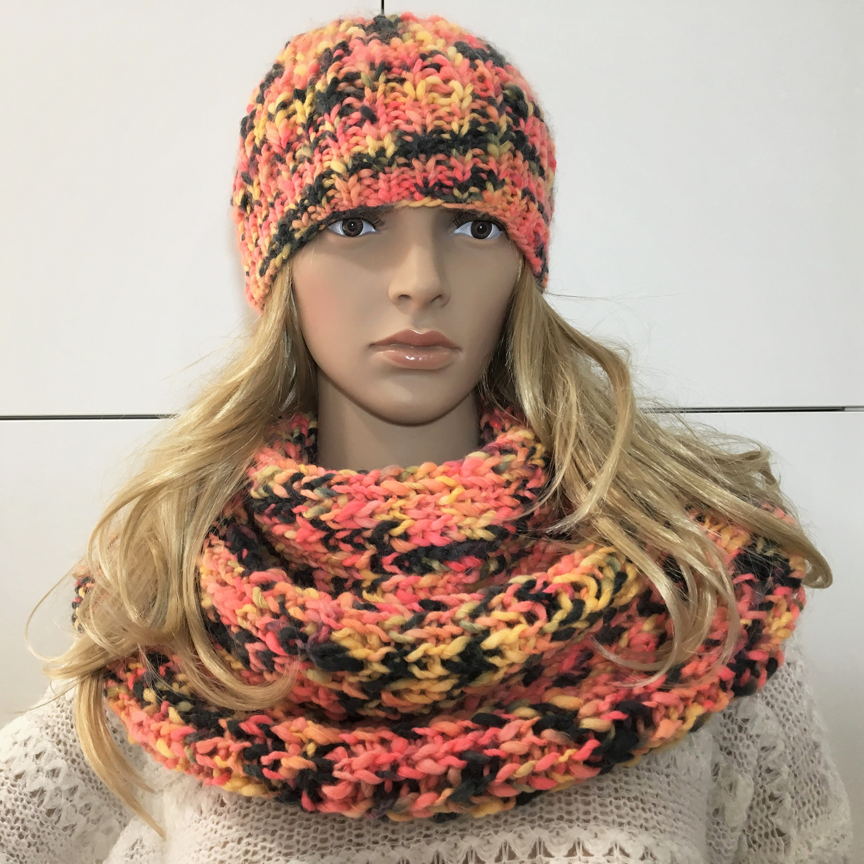 Hat and Double Twist Infinity Scarf Handmade Knit Set, Beanie and Cowl ...