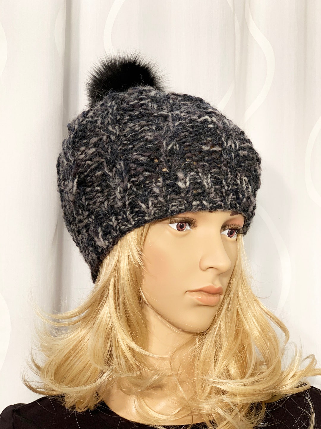 WINTER SALE!!Gorgeous fox fur cap bonnet hat ribbon pom pom luxurious one sz Silver Fox Fur Hat - Luxury Winter Trooper Hat for Women main image 2