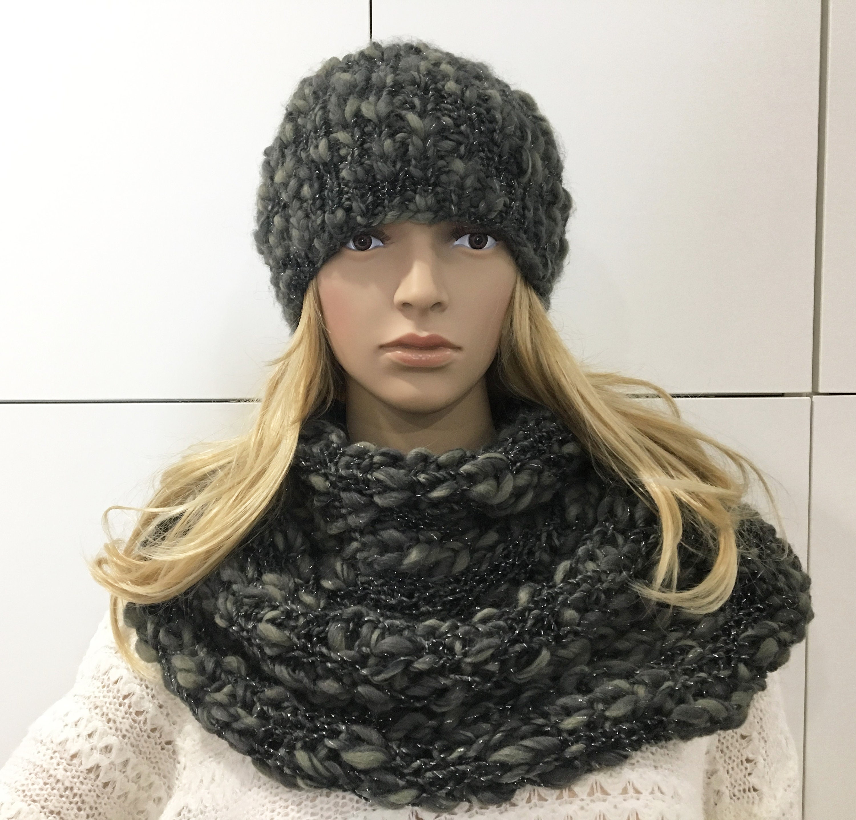 Hat and Double Twist Infinity Scarf Handmade Knit Set, Beanie and Cowl ...