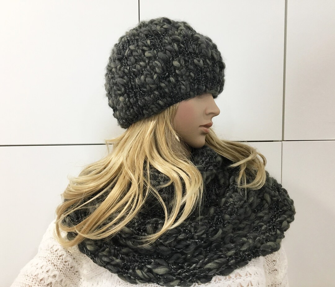 Hat and Double Twist Infinity Scarf Handmade Knit Set, Beanie and Cowl ...