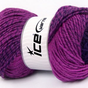 May include: A skein of purple and dark purple yarn with a white label that says "Ice Yarns".