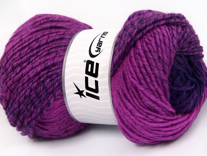 May include: A skein of purple and dark purple yarn with a white label that says "Ice Yarns".
