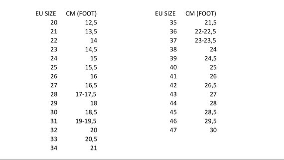 Avarcas Size Chart