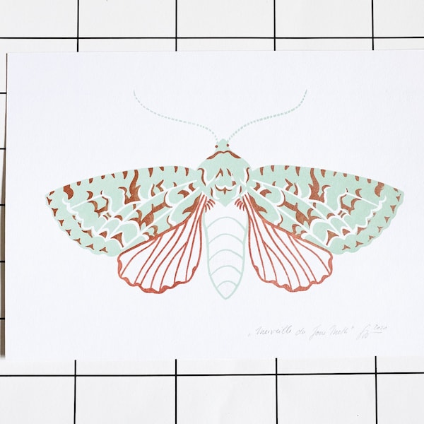 Merveille Du Jour Moth screenprint mint green / copper metallic