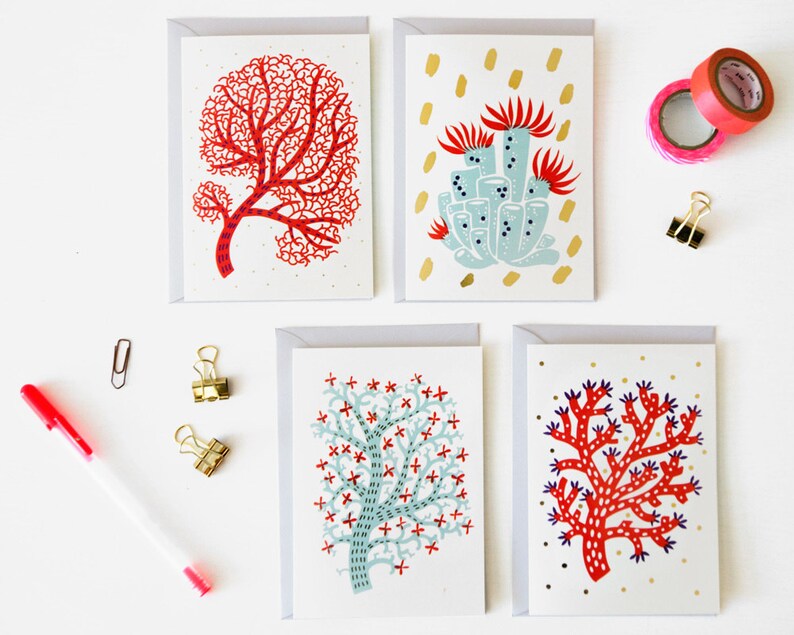 Set of 4 // red & mint Coral Greeting Cards with gold foil image 1