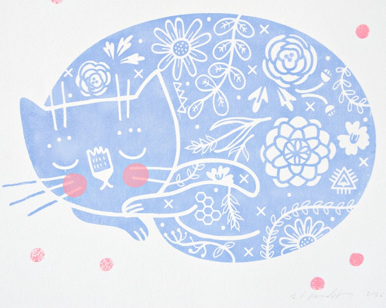 Sleepy Kitty screenprint blue/pink image 2