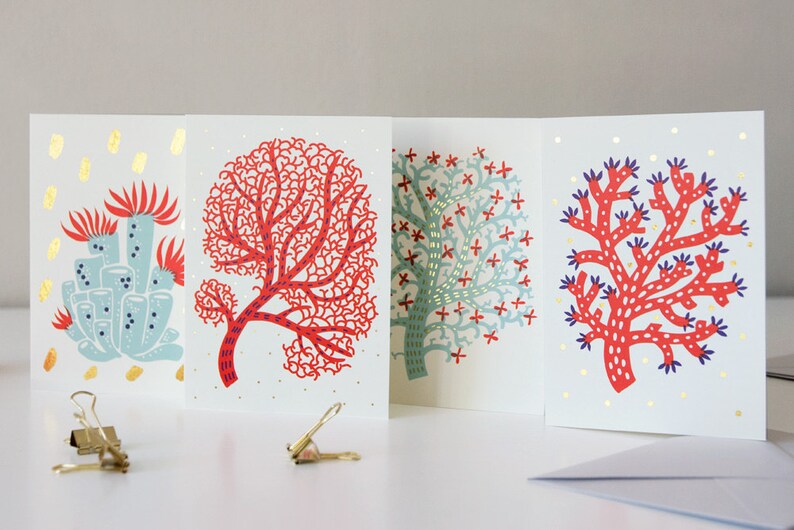 Set of 4 // red & mint Coral Greeting Cards with gold foil image 4