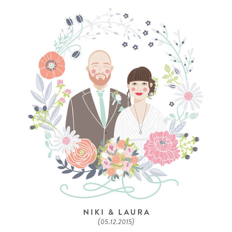 Custom Illustrated Couple Portrait imagem 1