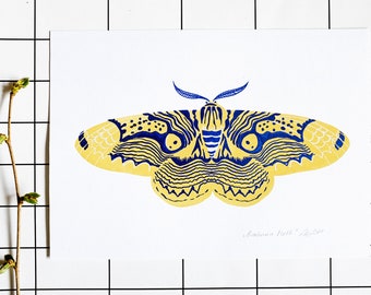 LIMITED Brahmin Moth screenprint mustard yellow / blue metallic