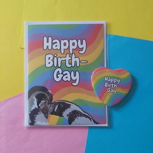 Happy Birth- Gay Birthday rainbow Queer Penguin Colourful Illustration A6 Greeting Card Blank Inside LGBTQIA+ Cards Occasion
