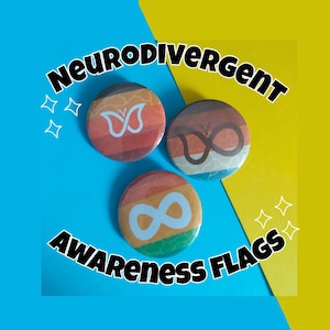 May include: Three circular badges with a rainbow gradient design and white symbols. The badges have the text "Neurodivergent Awareness Flags" in a bold, black font. The background is blue and yellow.