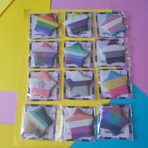 Könnte beinhalten: Eine Sammlung von sternförmigen Aufklebern in Klarsichtverpackungen, die jeweils ein anderes LGBTQ+-Pride-Flaggen-Design aufweisen. Die Aufkleber sind auf einem gelben und rosa Hintergrund angeordnet. Die Aufkleber tragen den Text "VINTAGE".