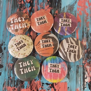 They/Them Pronoun Button Badge: Tie Dye Zebra Flower Pride Pin