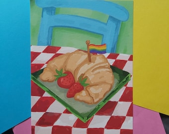 Croissant & Strawberries A5 Art Print, Pride Flag Illustration