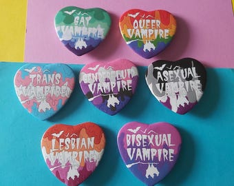 LGBTQIA+ Vampire Paint Drip 58mm Heart Badge – Emo Goth Pride Pin