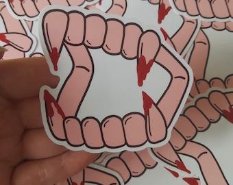 Vampire Fangs 3" Die Cut Vinyl Sticker, Blood Dripping Teeth