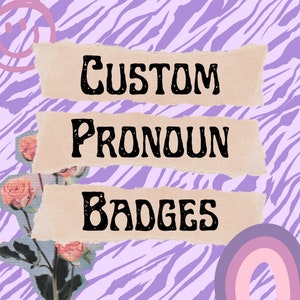 May include: Custom pronoun badges on a purple and white zebra print background. The badges are made of paper with torn edges and have black text.