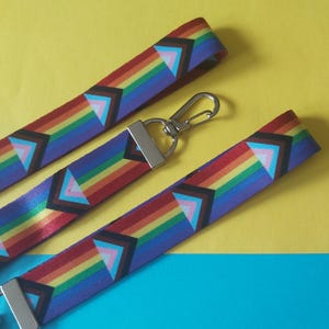 Progress Pride Rainbow Flag Cotton Fabric Keychain Lanyard With A Silver Lobster Clap LGBTQIA+ Queer Activism Activist Inclusive Community