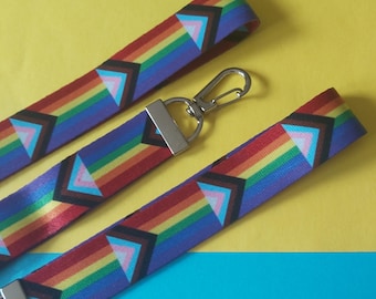 Progress Pride Flag Lanyard, Rainbow Cotton Keychain with Silver Clasp