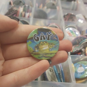 May include: A round button featuring a green frog on a blue and green background. The word "GAY" is written in black letters on the button.