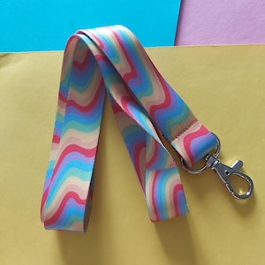 Wavy Muted Rainbow Cotton Fabric Lanyard With A Silver Lobster Clap LGBTQIA+ Queer Activism Activist Pride Flag Accessory Colourful