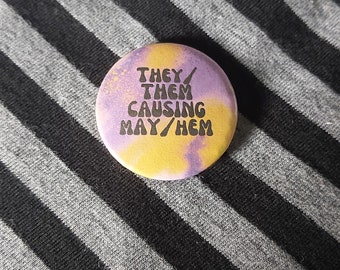 They/ Them Causing May/ Hem Non-Binary Enby purple and yellow spray paint splatter lgbtqia 32mm Button Badge Pin Activism Activist Queer Joy