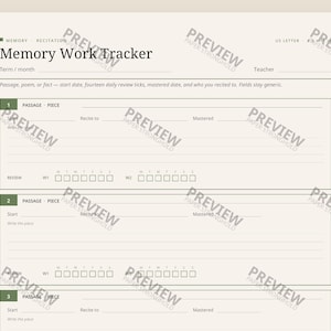 Memory Work Tracker Printable, Recitation Homeschool, Letter A4